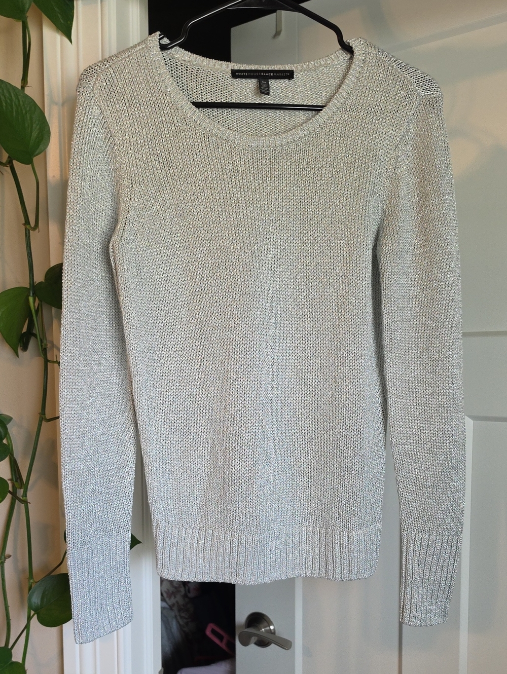 White House Black Market Silver Metallic Scoop Neck Sweater